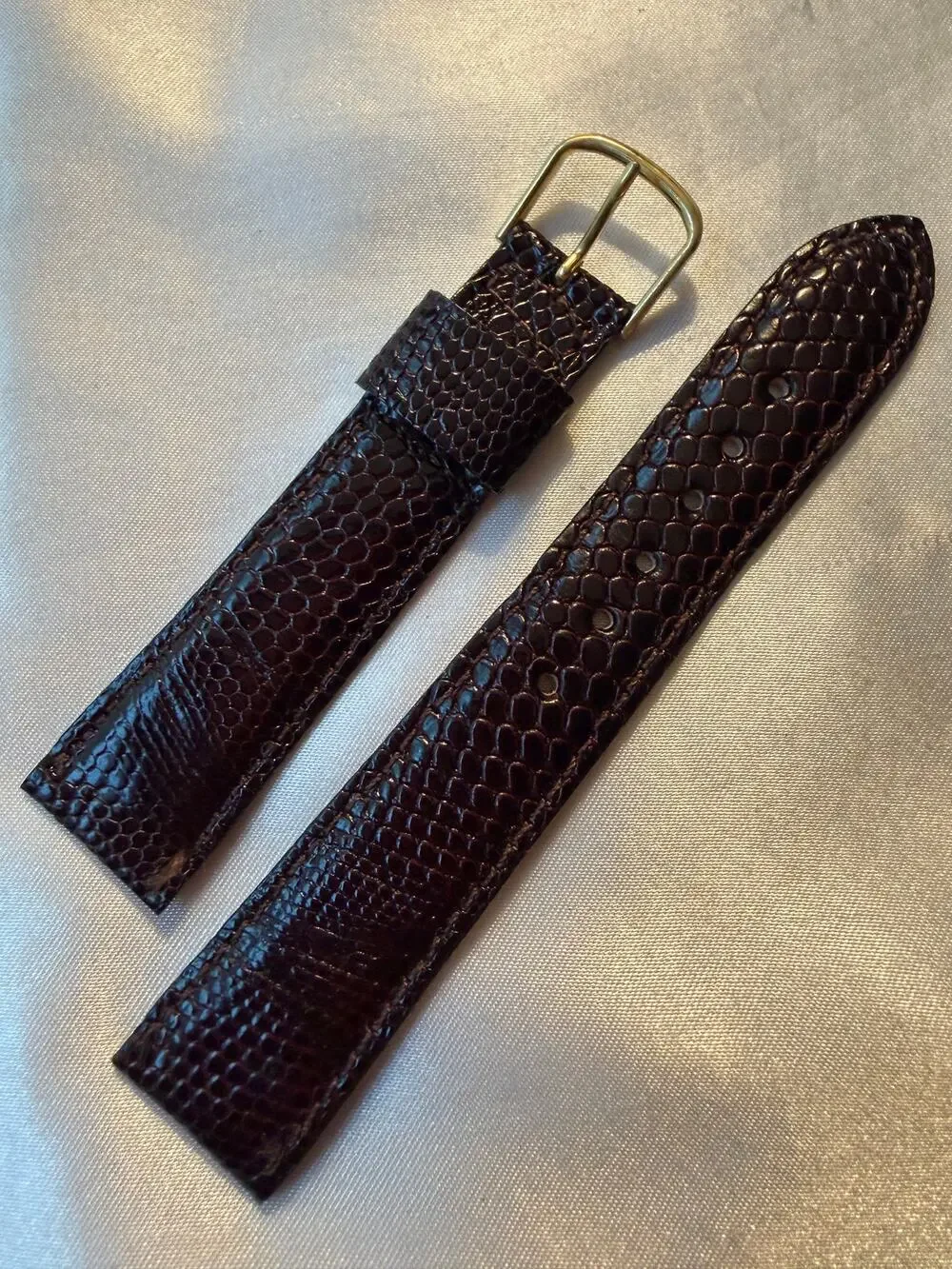 Vintage Genuine Lizard Leather Watch Band Strap-Brown-Gold Tone Buckle (CCC118)